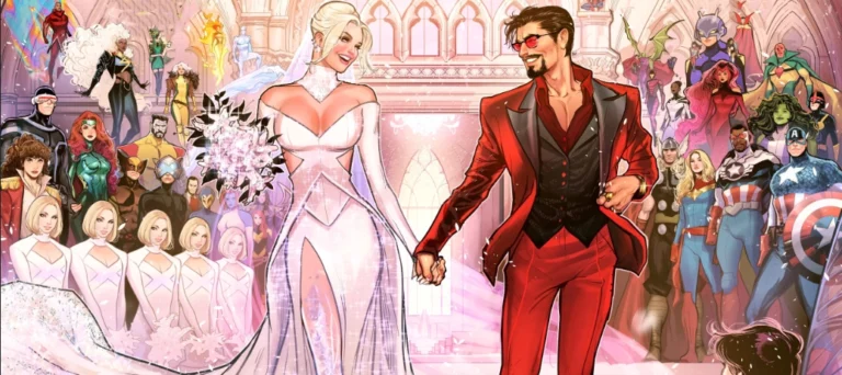 The wedding of Emma Frost and Iron Man is featured in a new trailer from Marvel